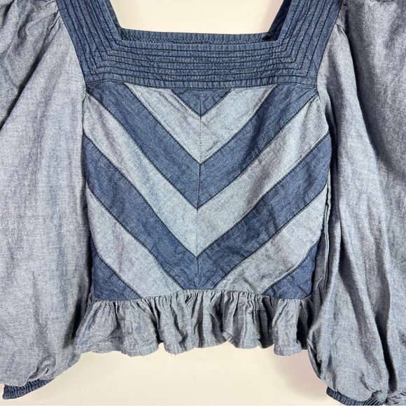 Anthropolgie Love The Label Blue Denim Puff Sleeve Top Size Small - Picture 5 of 9